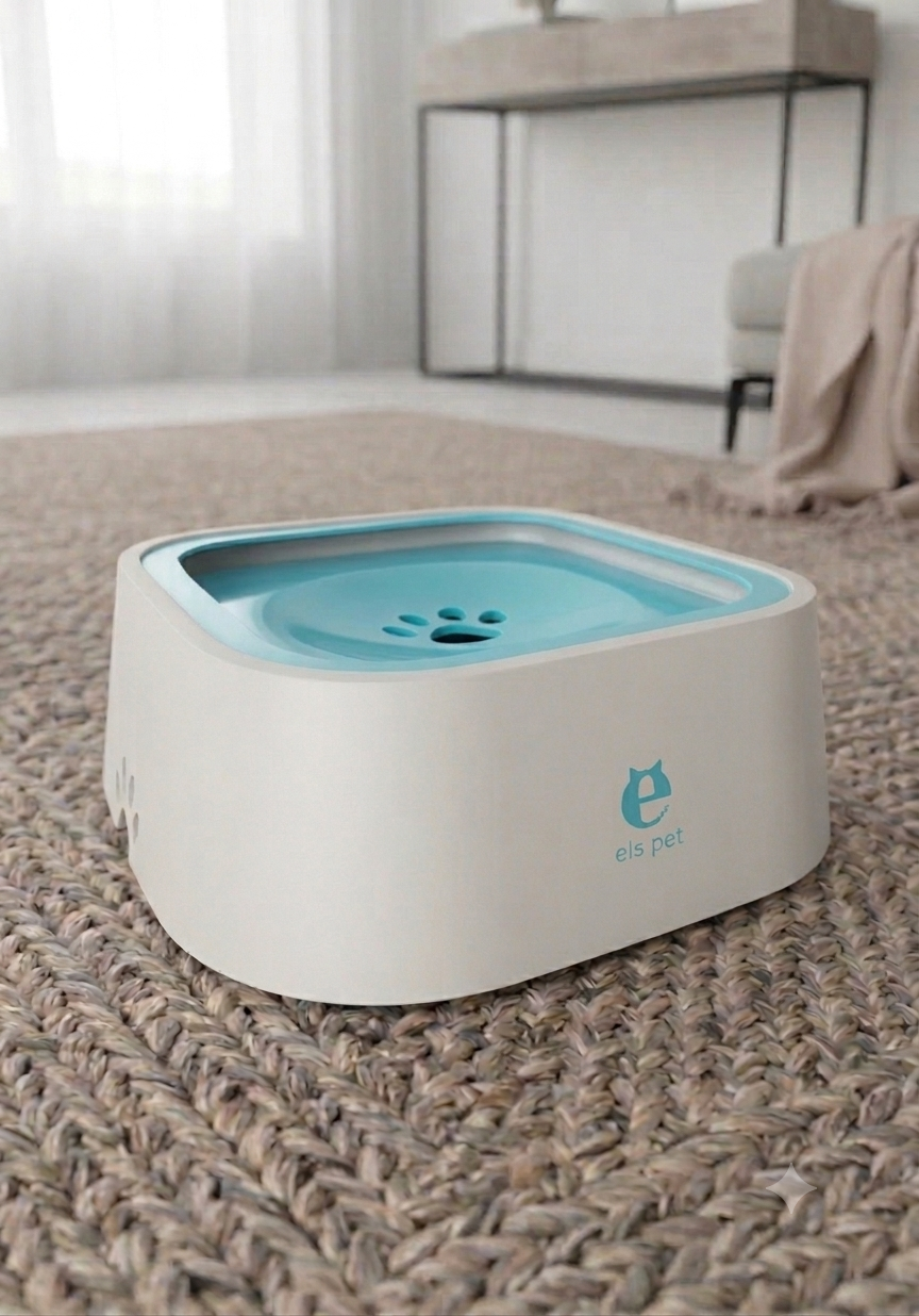 A pet water fountain with a white body and a light blue tray, placed on a textured beige rug in a softly lit room.